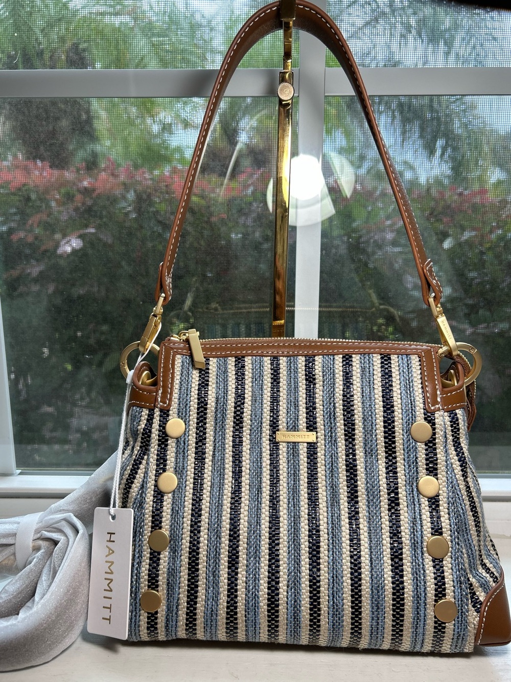 NWT🌷Hammitt Bryant Medium Jute Studded Shoulder Bag in Cabana Blue/Brushed Gold